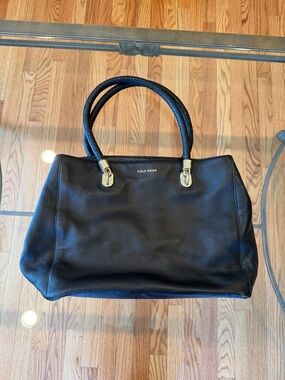 Cole Haan Black Leather Tote with Braided Handles and Gold Hardware